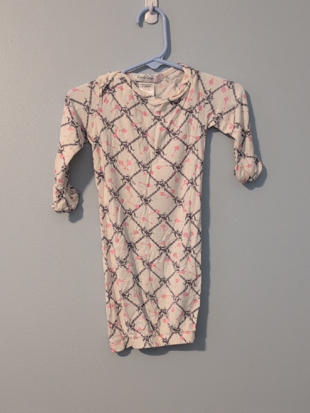 Everly Grey White Baby Gown with Pink and Gray Lattice Floral Print